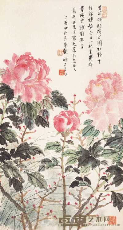 彭醇士 丁酉（1957年）作 红粉千行锦繡繁 镜心 58×31cm